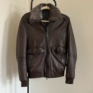 Massimo Dutti Mens ‘Small’ leather bomber jacket with removable sheepskin trim.